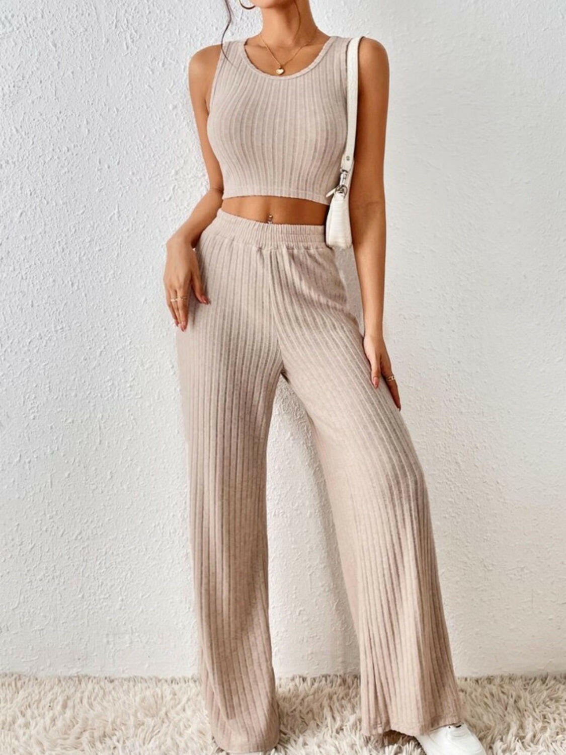 Ribbed Round Neck Tank and Pants Sweater Set.