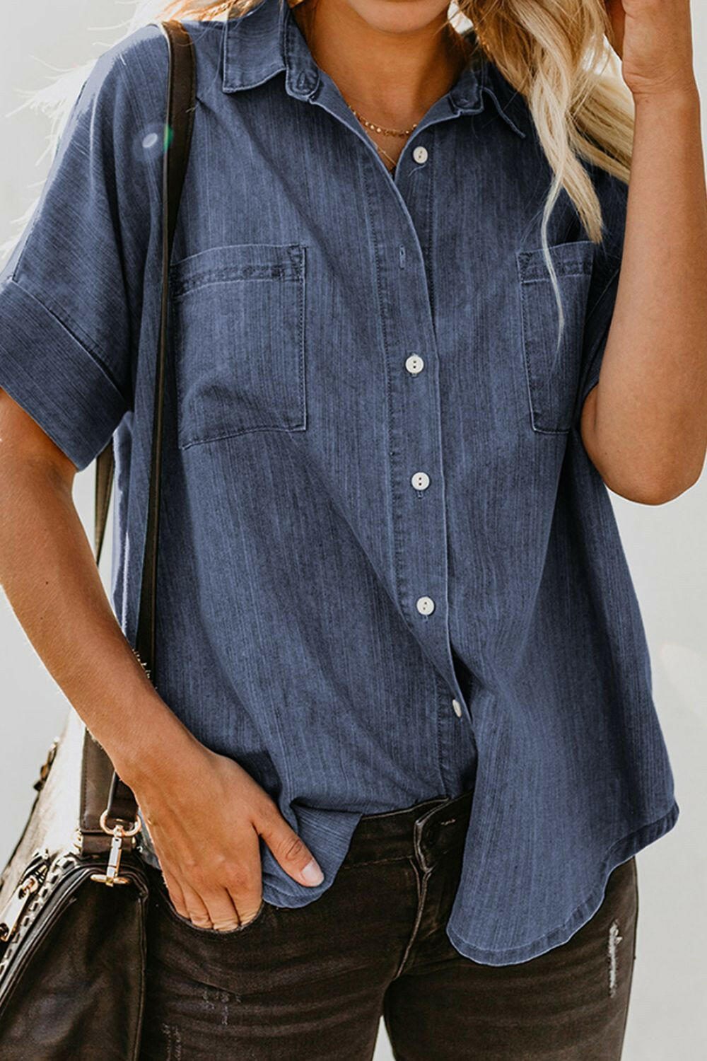 Pocketed Button Up Short Sleeve Denim Shirt.