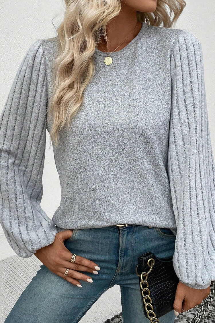 Ribbed Round Neck Long Sleeve Knit Top.