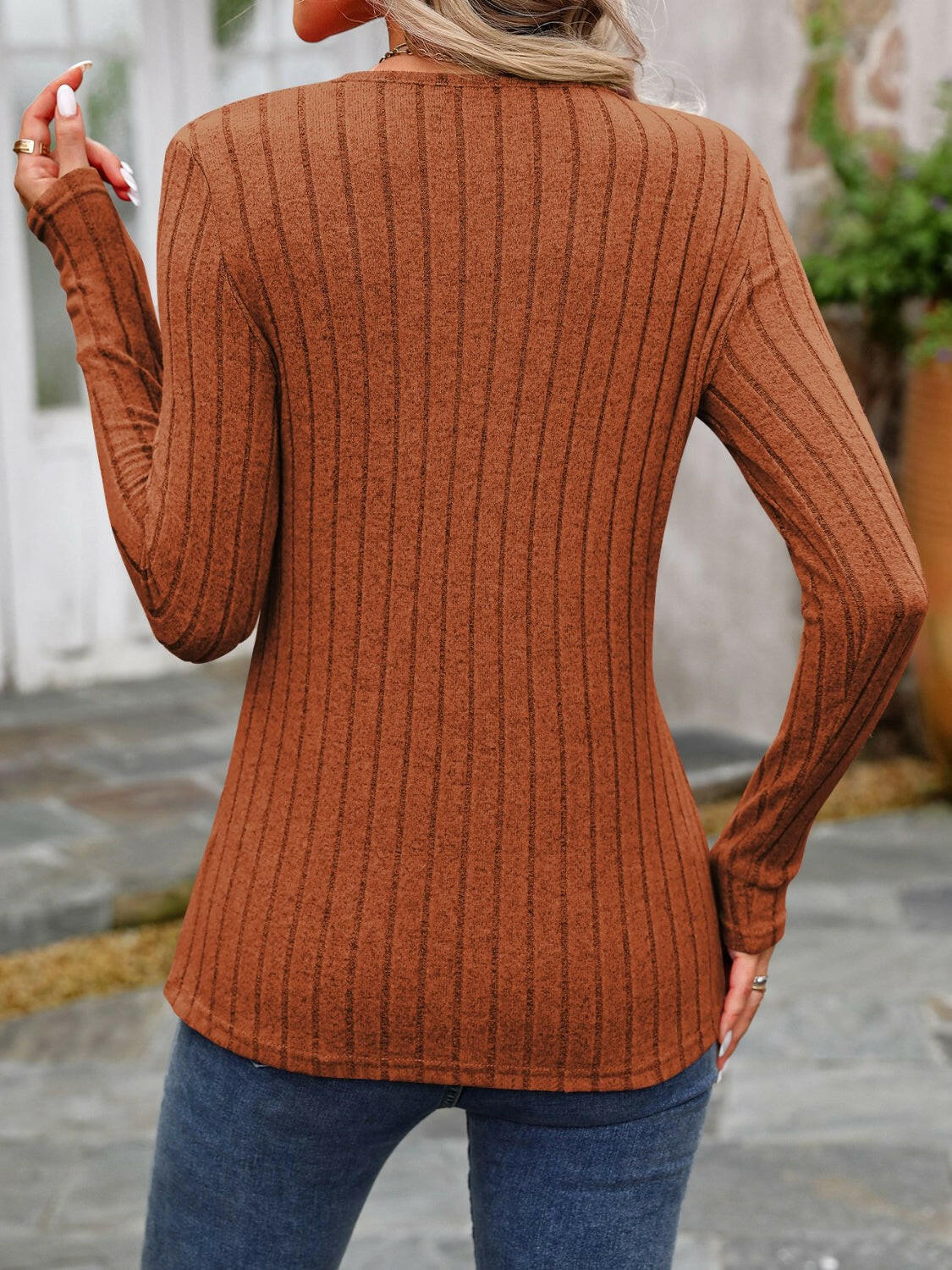 Decorative Button Round Neck Long Sleeve T-Shirt.