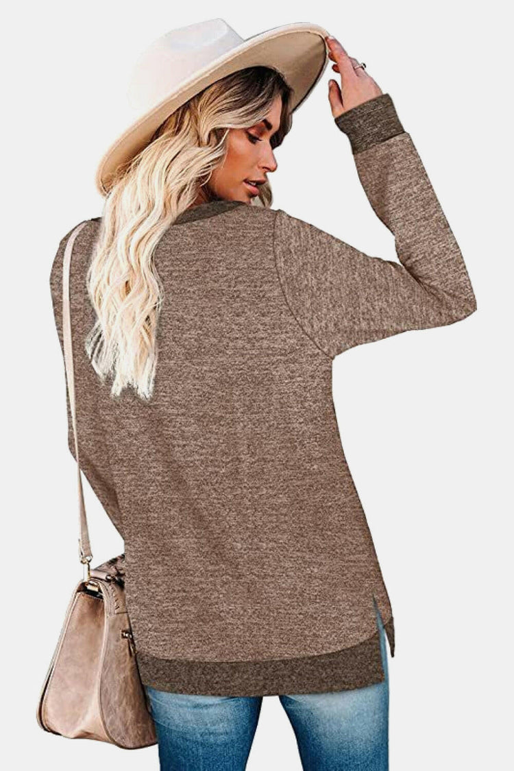 Round Neck Long Sleeve Slit T-Shirt.