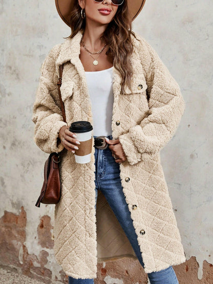 Fuzzy Button Up Dropped Shoulder Long Sleeve Coat.