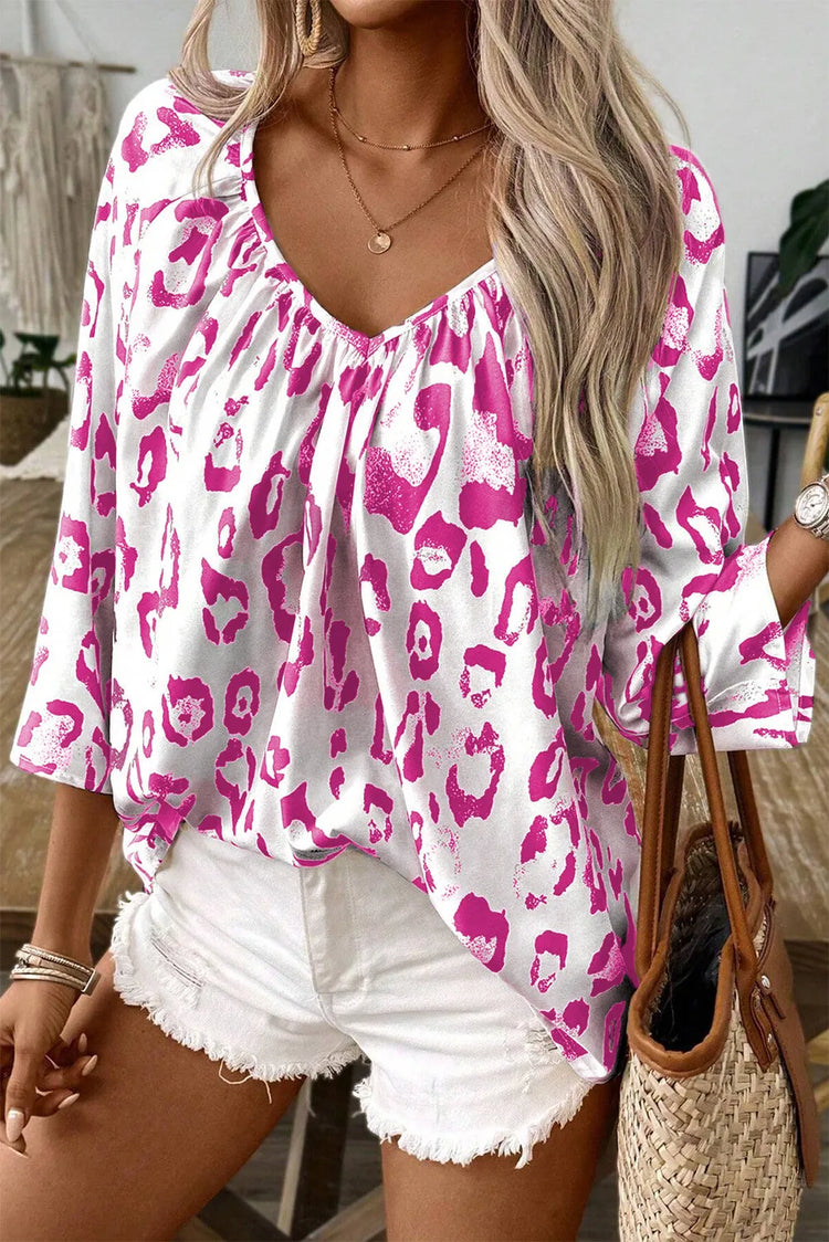 Leopard V-Neck Three-Quarter Sleeve Blouse.