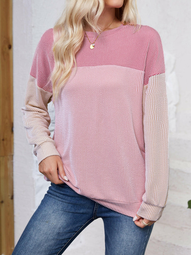 Lovelet Color Block Round Neck Long Sleeve Sweatshirt.