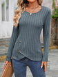 Decorative Button Round Neck Long Sleeve T-Shirt.