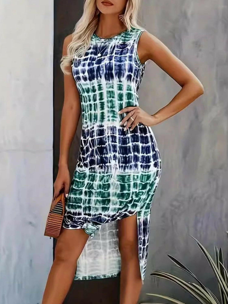 Slit Printed Round Neck Sleeveless Dress.