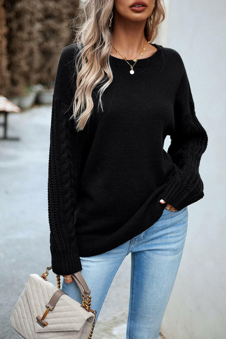 Devine Cable-Knit Round Neck Drop Shoulder Sweater.