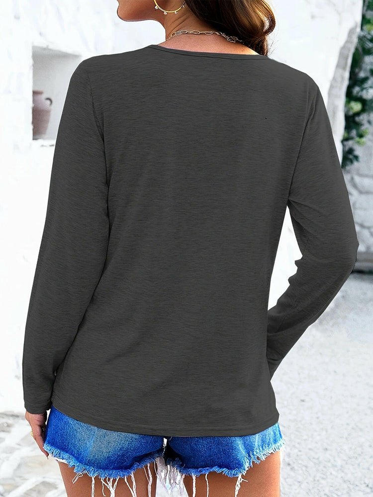 Crisscross V-Neck Long Sleeve T-Shirt.