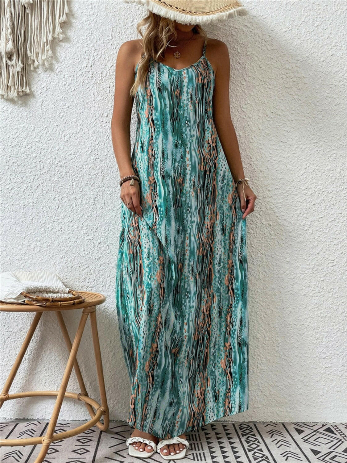 Full Size Printed Scoop Neck Maxi Cami Dress.