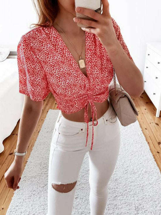 Floral Drawstring Deep V Cropped Blouse.