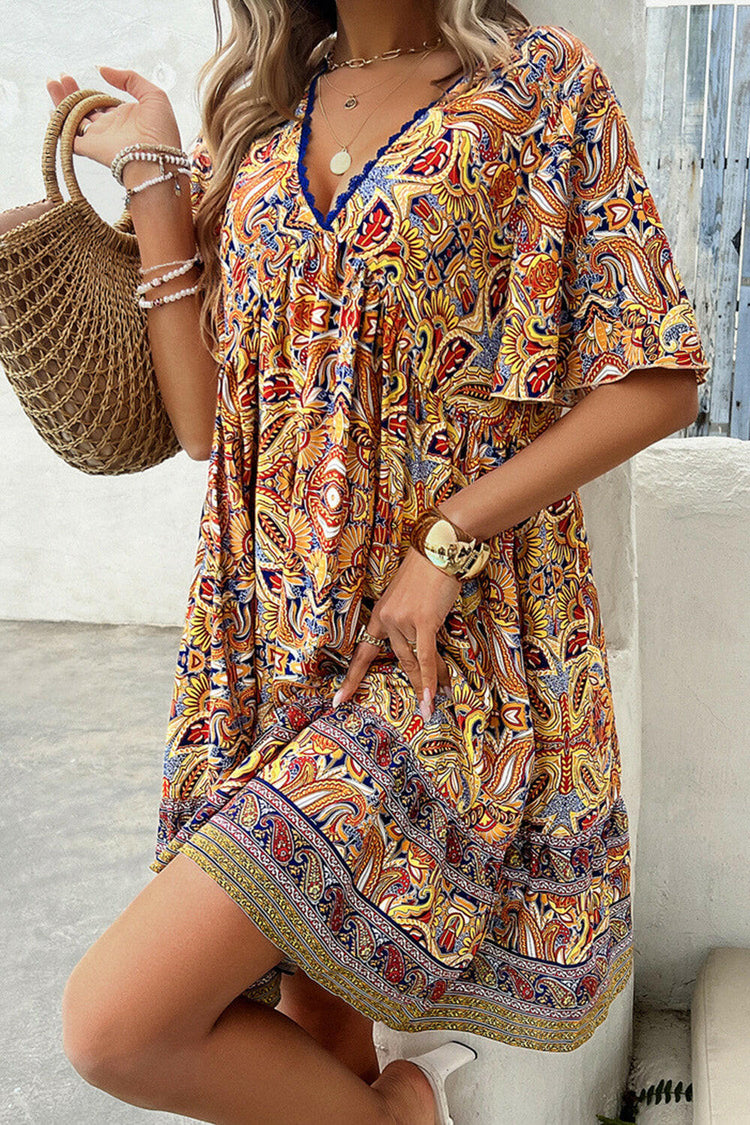 Devine Printed V-Neck Half Sleeve Mini Dress.