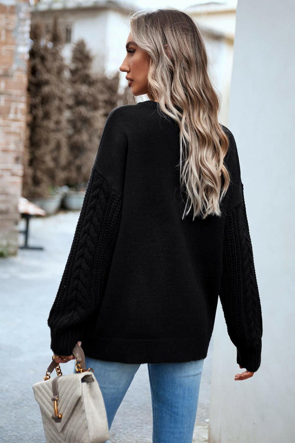 Devine Cable-Knit Round Neck Drop Shoulder Sweater.