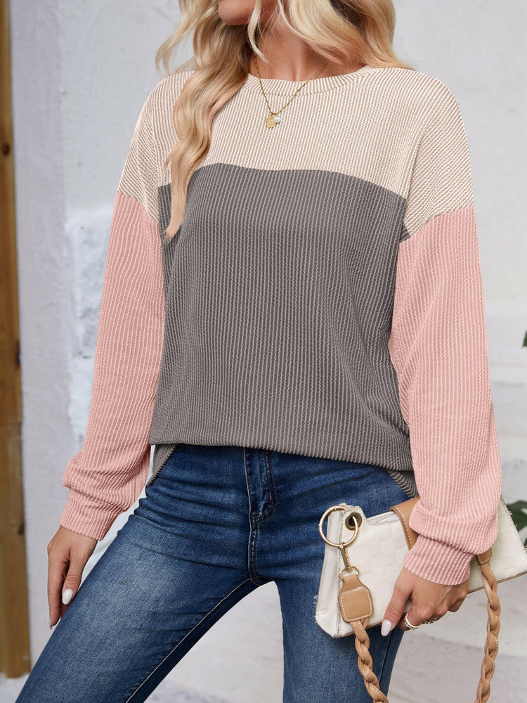 Lovelet Color Block Round Neck Long Sleeve Sweatshirt.