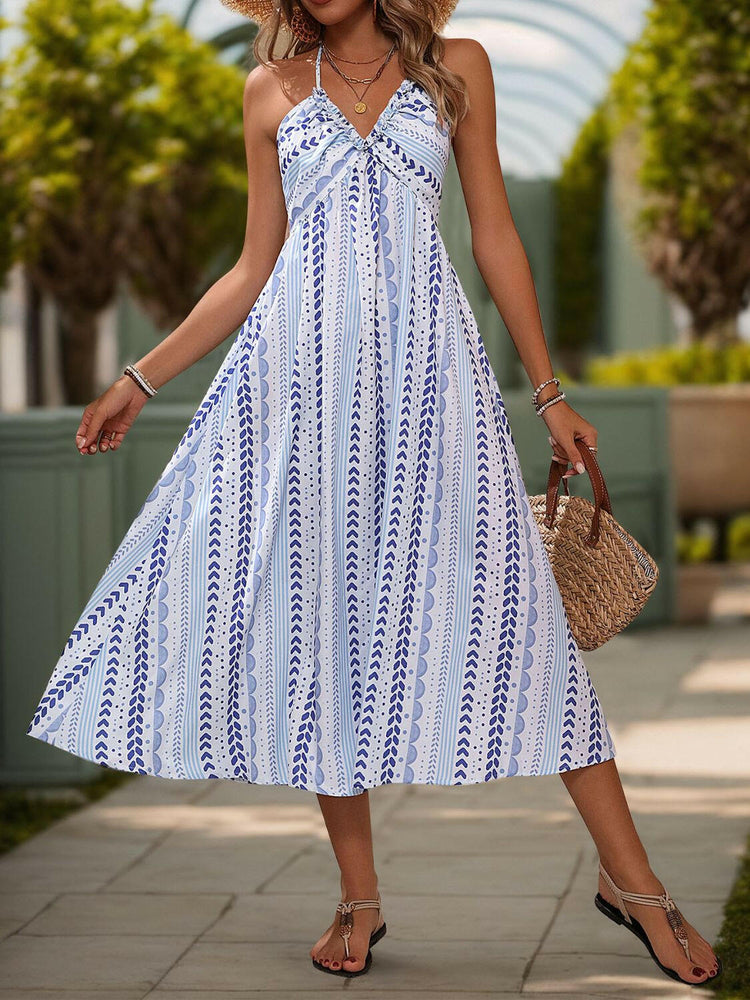 Perfee Tied Printed Halter Neck Midi Dress.