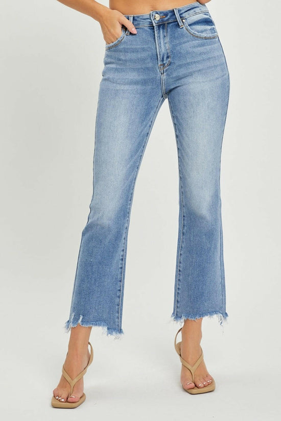 RISEN Frayed Hem Cropped Straight Jeans.