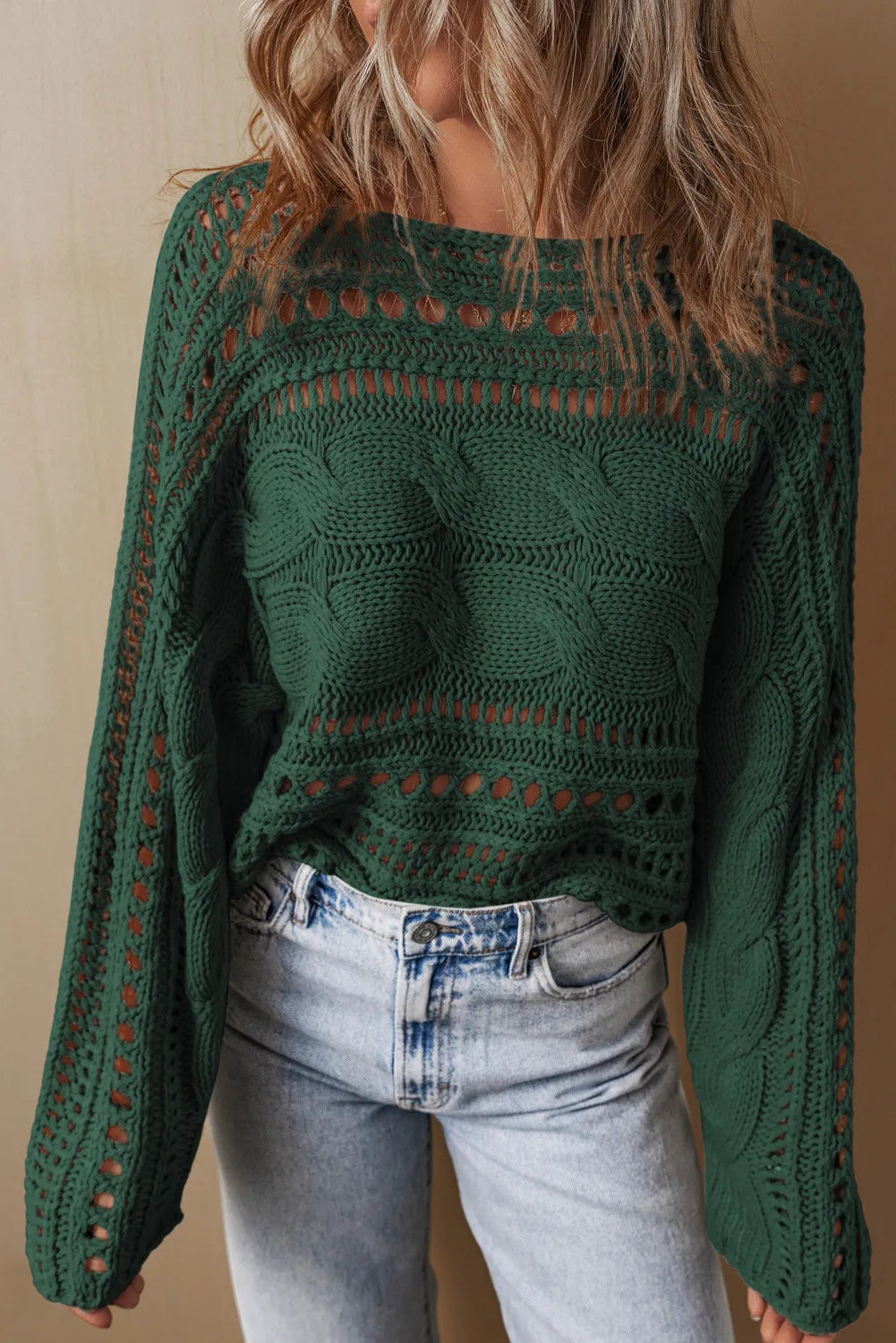 Cable-Knit Openwork Long Sleeve Sweater.