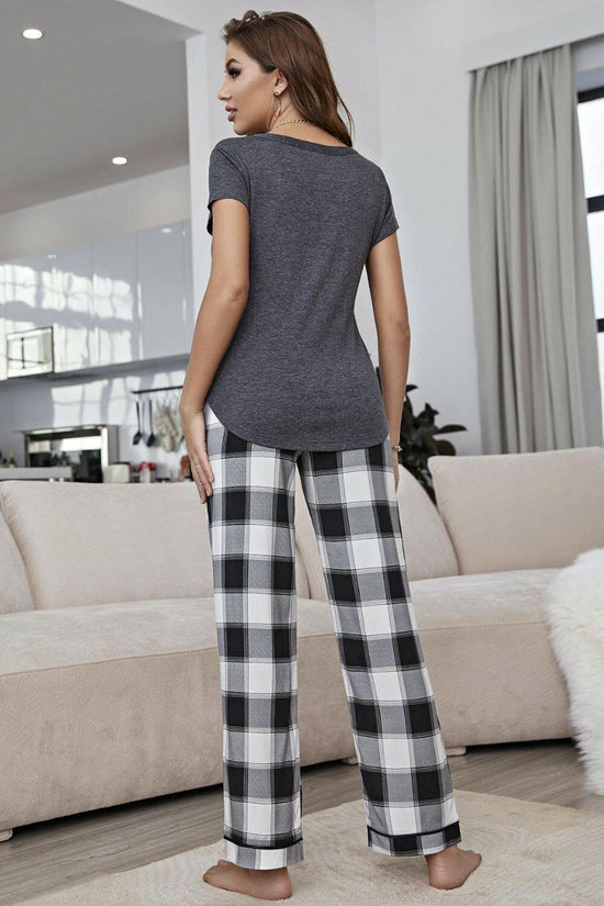 Curved Hem Short Sleeve Top and Plaid Pants Lounge Set.