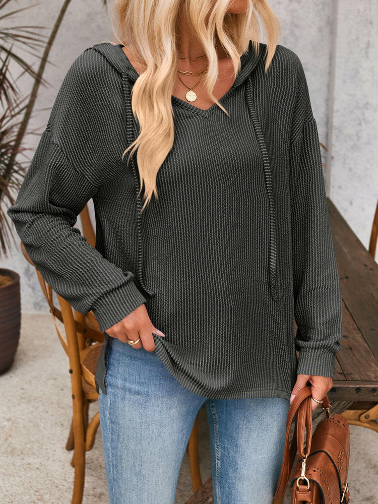 Double Take Drawstring Dropped Shoulder Long Sleeve Hoodie.