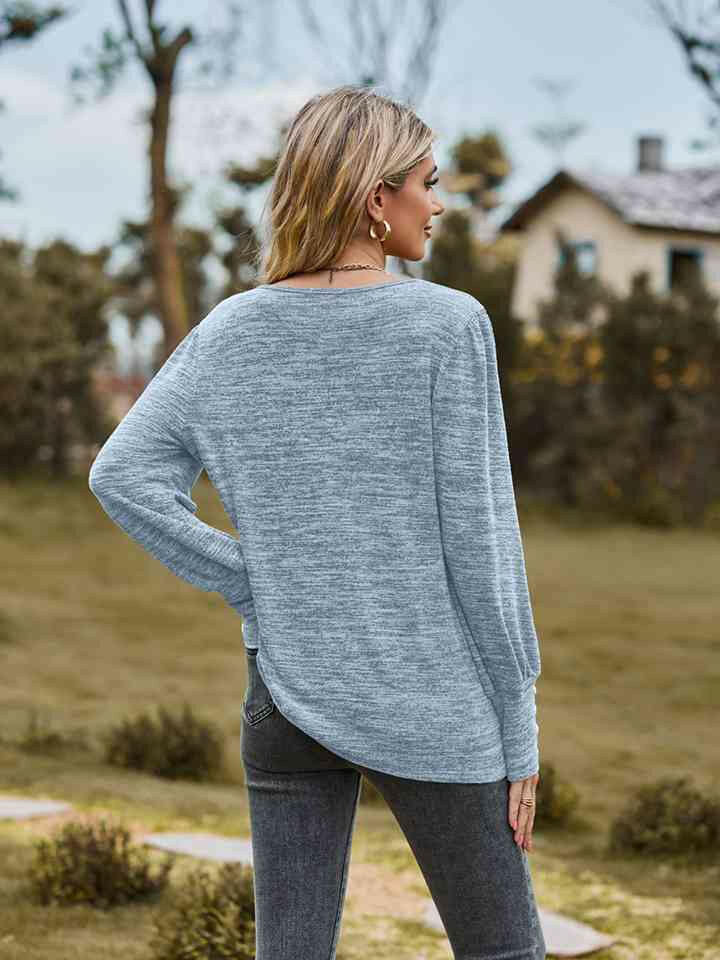 Round Neck Long Sleeve Buttoned T-Shirt.