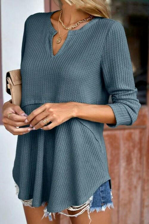 Waffle-Knit Notched Long Sleeve Blouse.