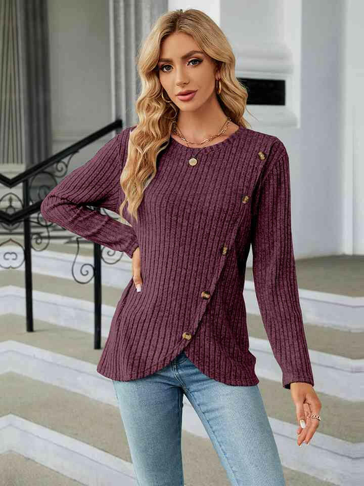 Round Neck Ribbed Button Detail Blouse.