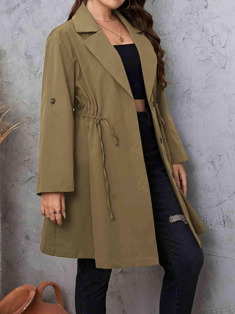 Lapel Collar Drawstring Roll-Tab Sleeve Trench Coat.