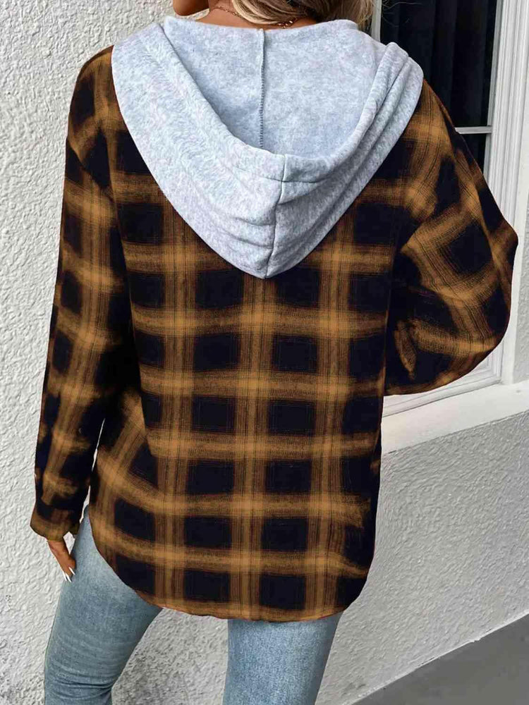 Plaid Drawstring Button Up Hooded Jacket.