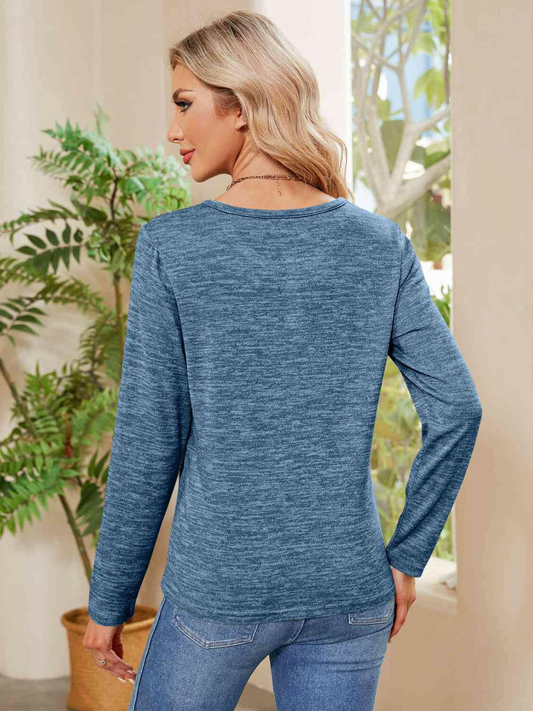 Buttoned Round Neck  Long Sleeve T-Shirt.