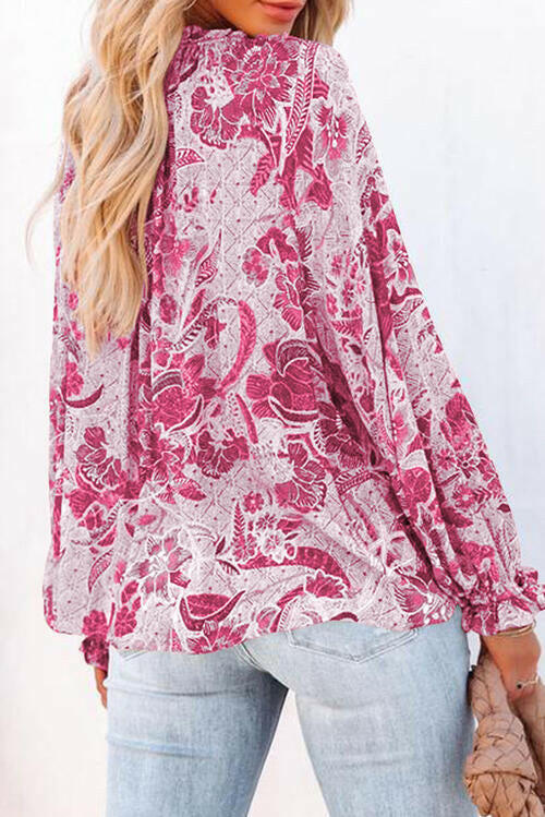 Floral Tie Neck Flounce Sleeve Blouse.