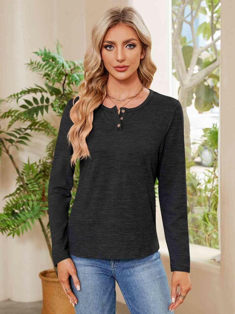 Buttoned Round Neck  Long Sleeve T-Shirt.