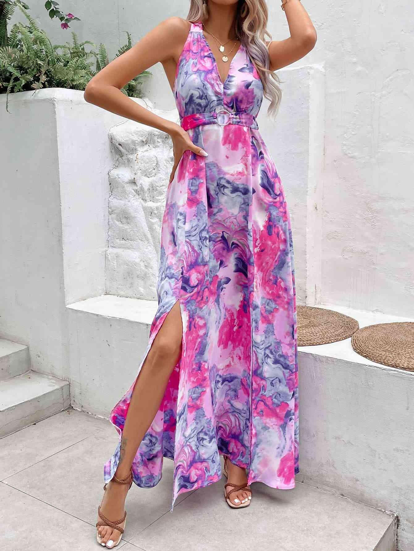 Printed Open Back Slit Sleeveless Dress.