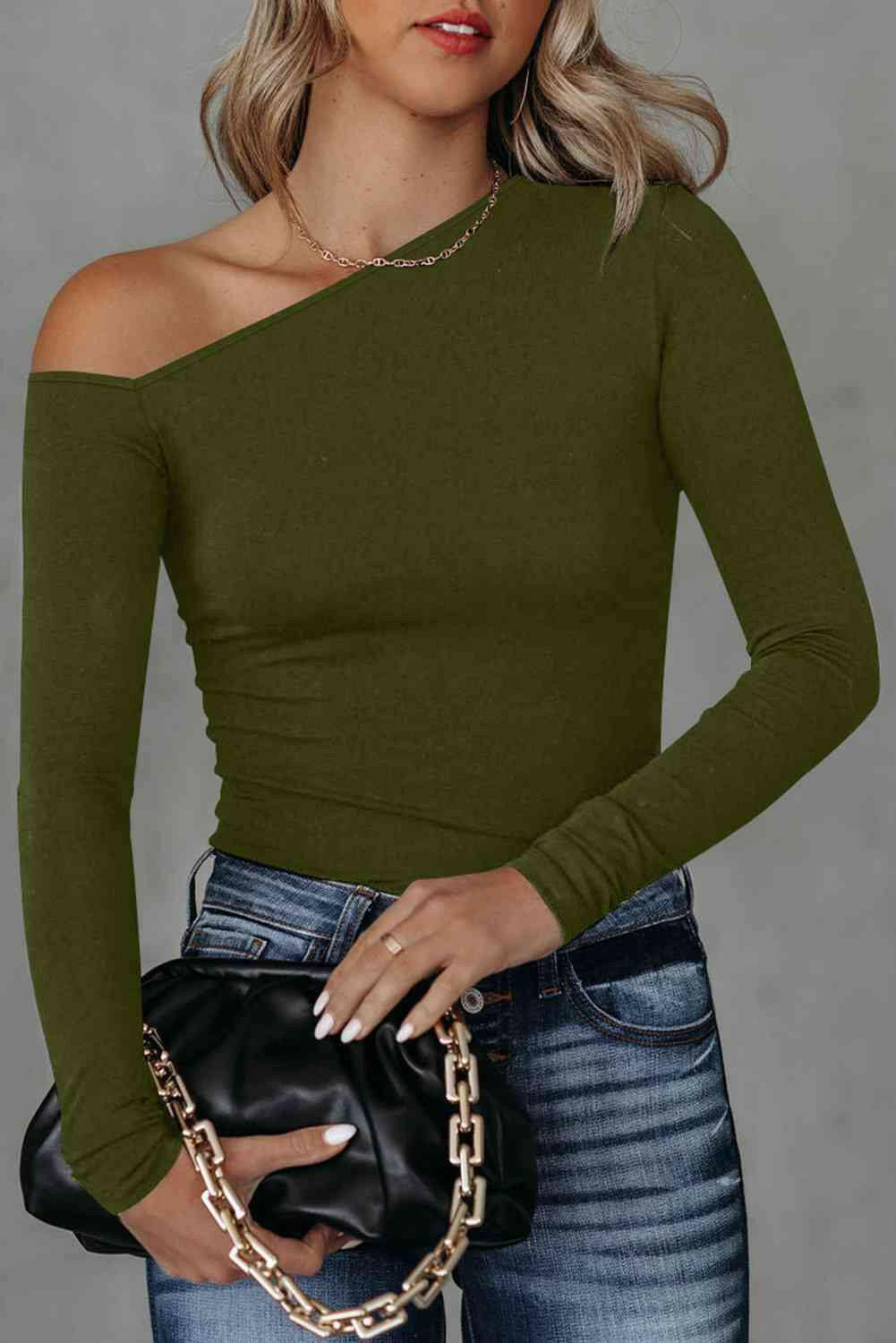 Asymmetrical Neck Long Sleeve Top.