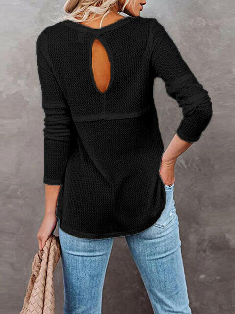 Cutout Round Neck Long Sleeve T-Shirt.