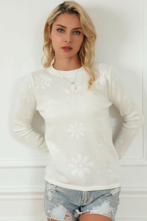 Floral Eyelet Round Neck Long Sleeve Knit Top.