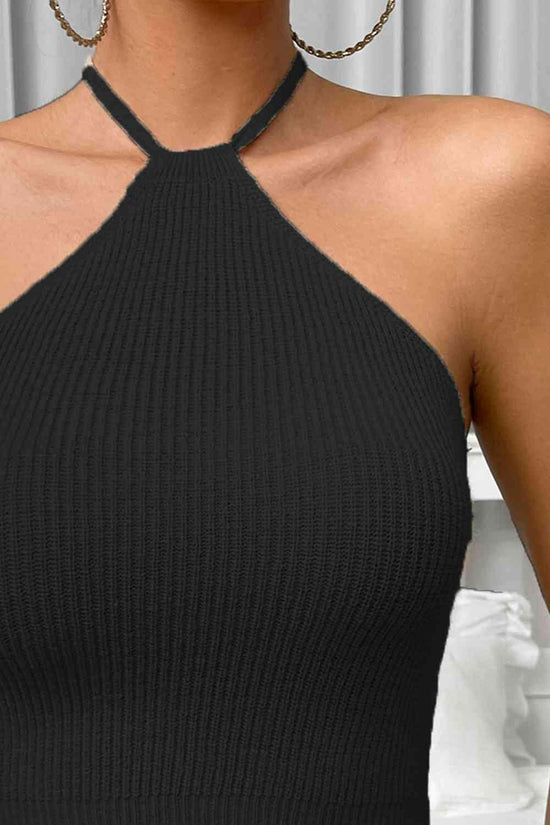 Halter Neck Ribbed Cropped Knit Top.