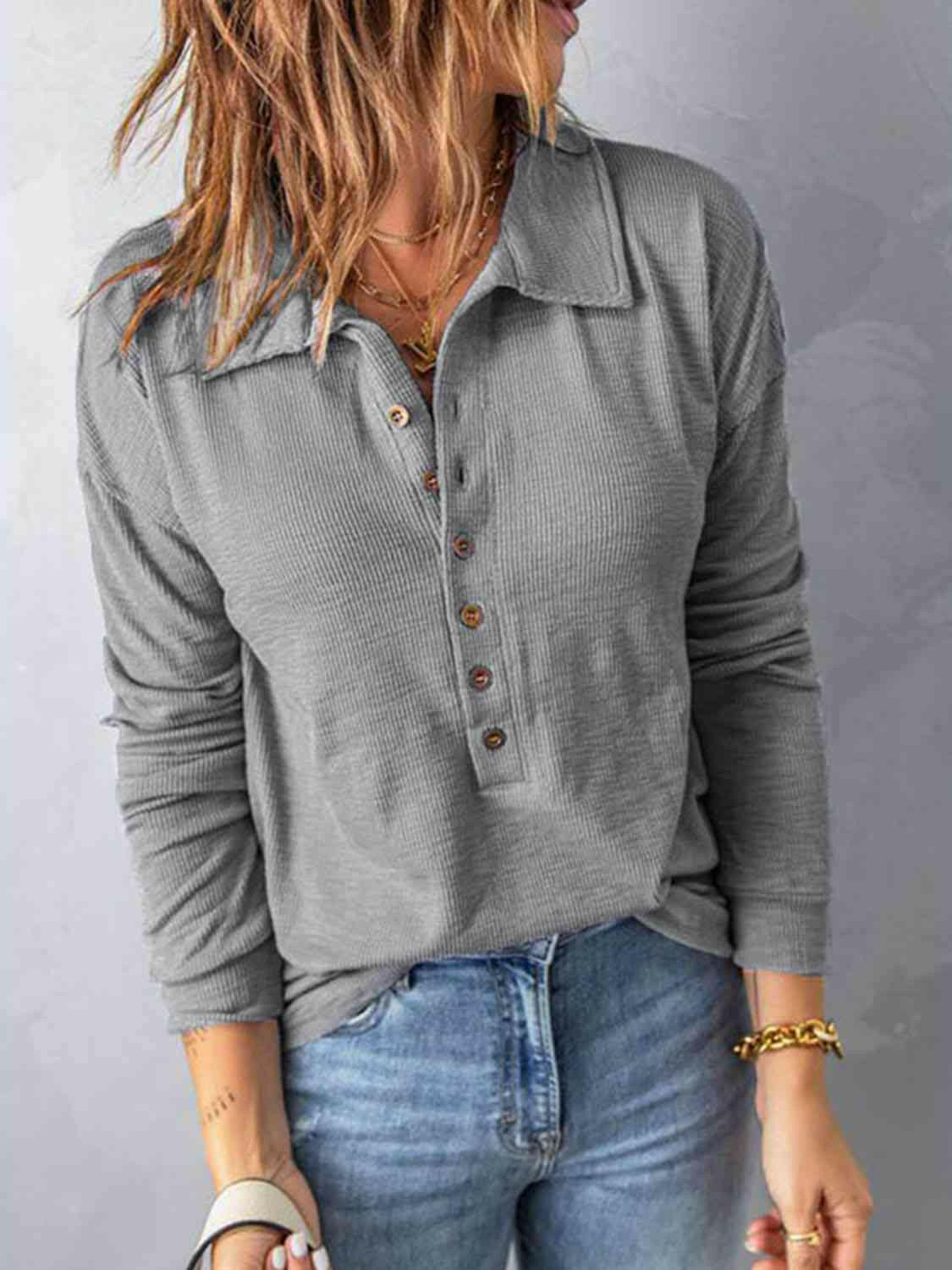 Collared Neck Half Button Top.