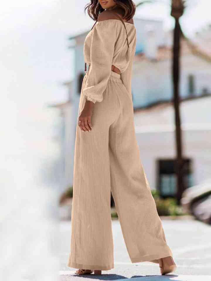 Off Shoulder Long Sleeve Top and Pants Set.