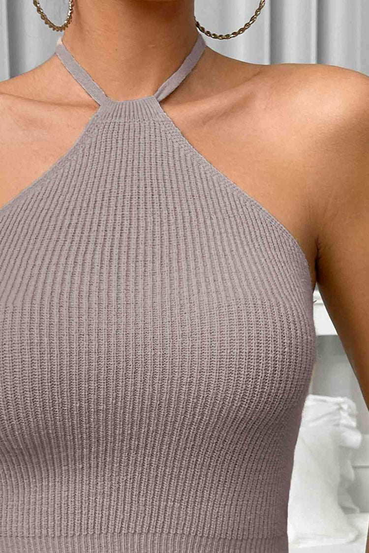 Halter Neck Ribbed Cropped Knit Top.