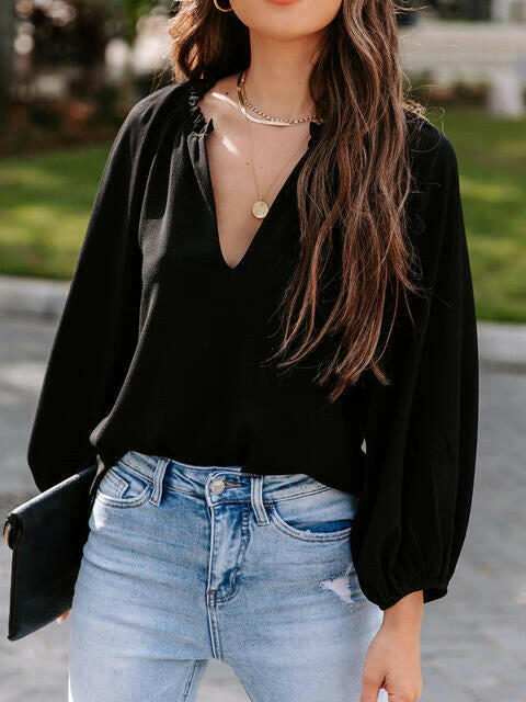 Notched Neck Long Sleeve Blouse.