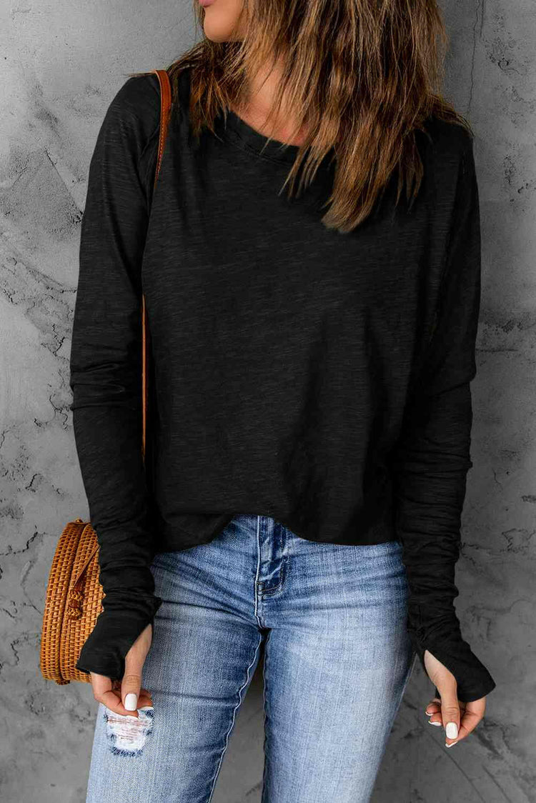 Thumbhole Long Sleeve Round Neck Top.