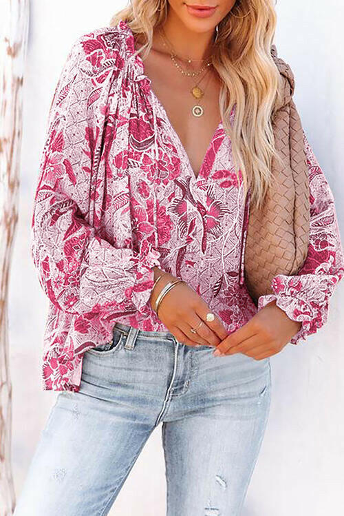 Floral Tie Neck Flounce Sleeve Blouse.