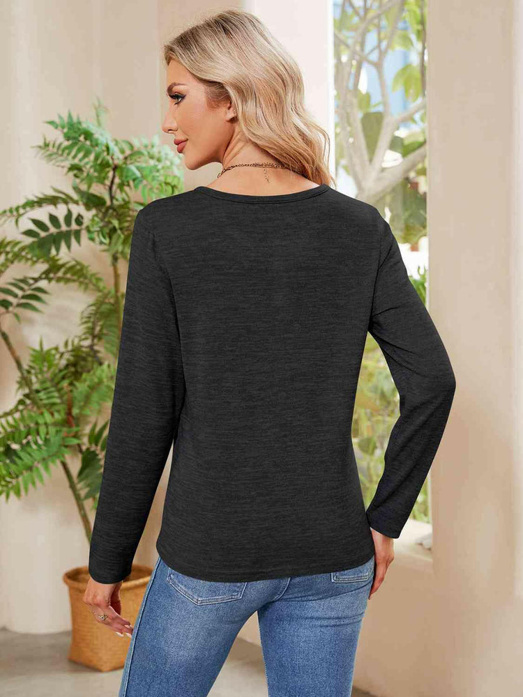 Buttoned Round Neck  Long Sleeve T-Shirt.