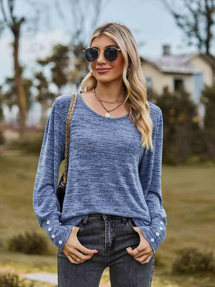 Round Neck Long Sleeve Buttoned T-Shirt.