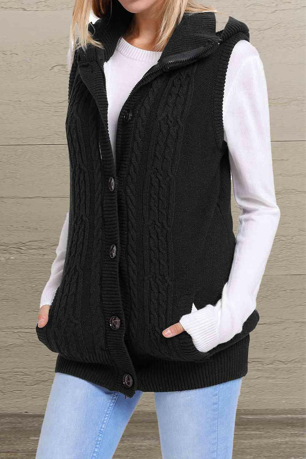 Button and Zip Closure Hooded Sweater Vest.