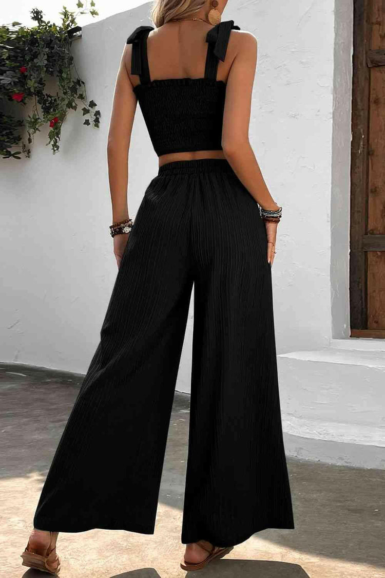 Tie Shoulder Smocked Crop Top and Wide Leg Pants Set.