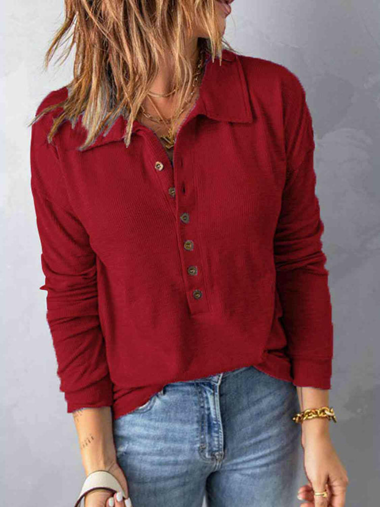 Collared Neck Half Button Top.