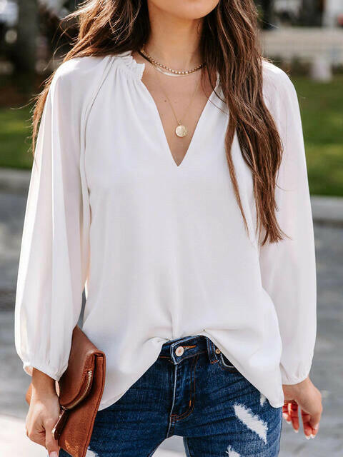 Notched Neck Long Sleeve Blouse.