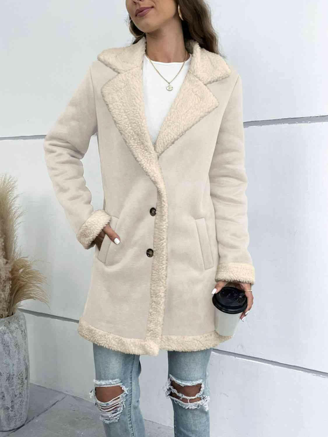 Double Take Lapel Collar Teddy Lining Longline Coat.