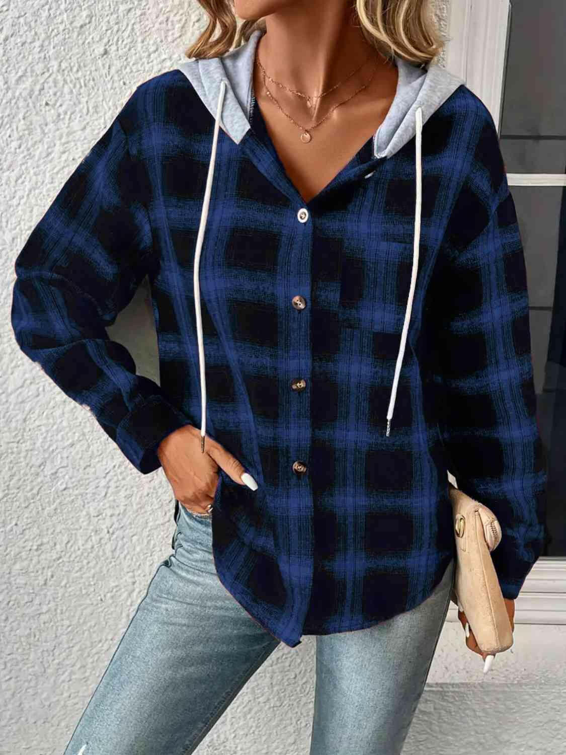 Plaid Drawstring Button Up Hooded Jacket.