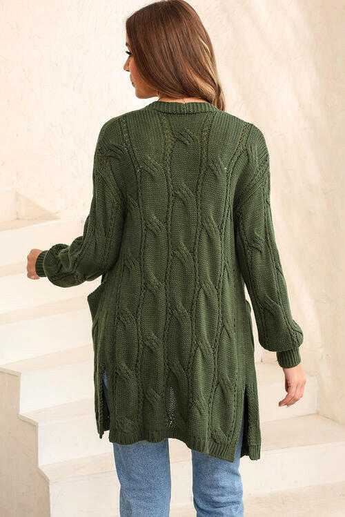 Cable-Knit Dropped Shoulder Cardigan.